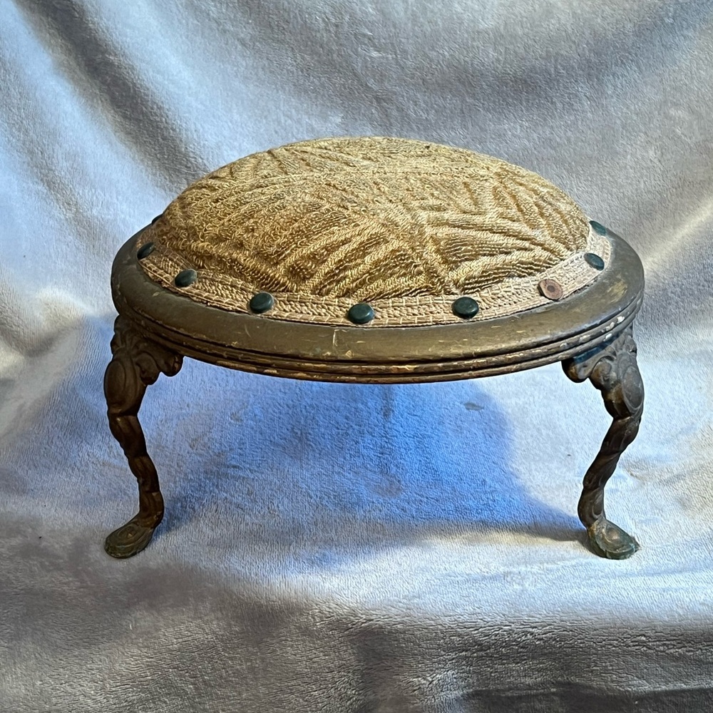 Antique Victorian petite iron and wood footstool; 3 legged foot rest or plateau